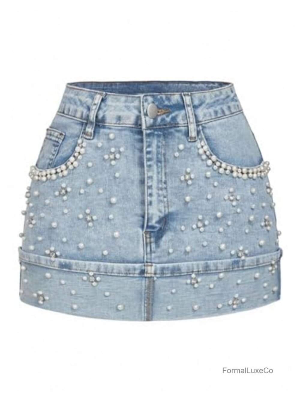 Pearl Rhinestone Cuffed A-Line Denim Jean Skirt Slim Fit